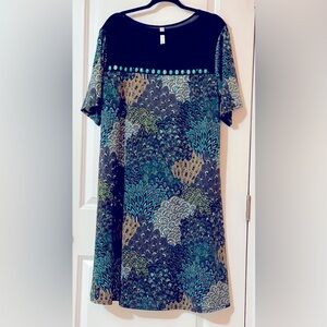 Paisley print pattern teal and black midi-length dress. Green Studded detail.